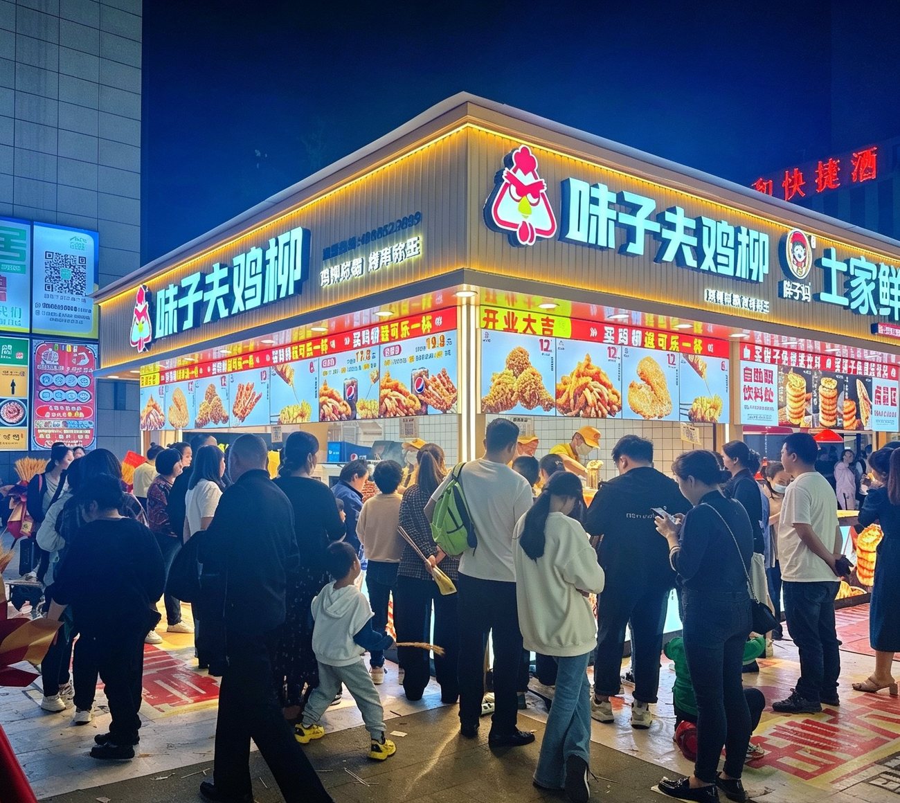 味子夫鸡柳门店夜间营业实景，店前顾客排队点单，人气火爆